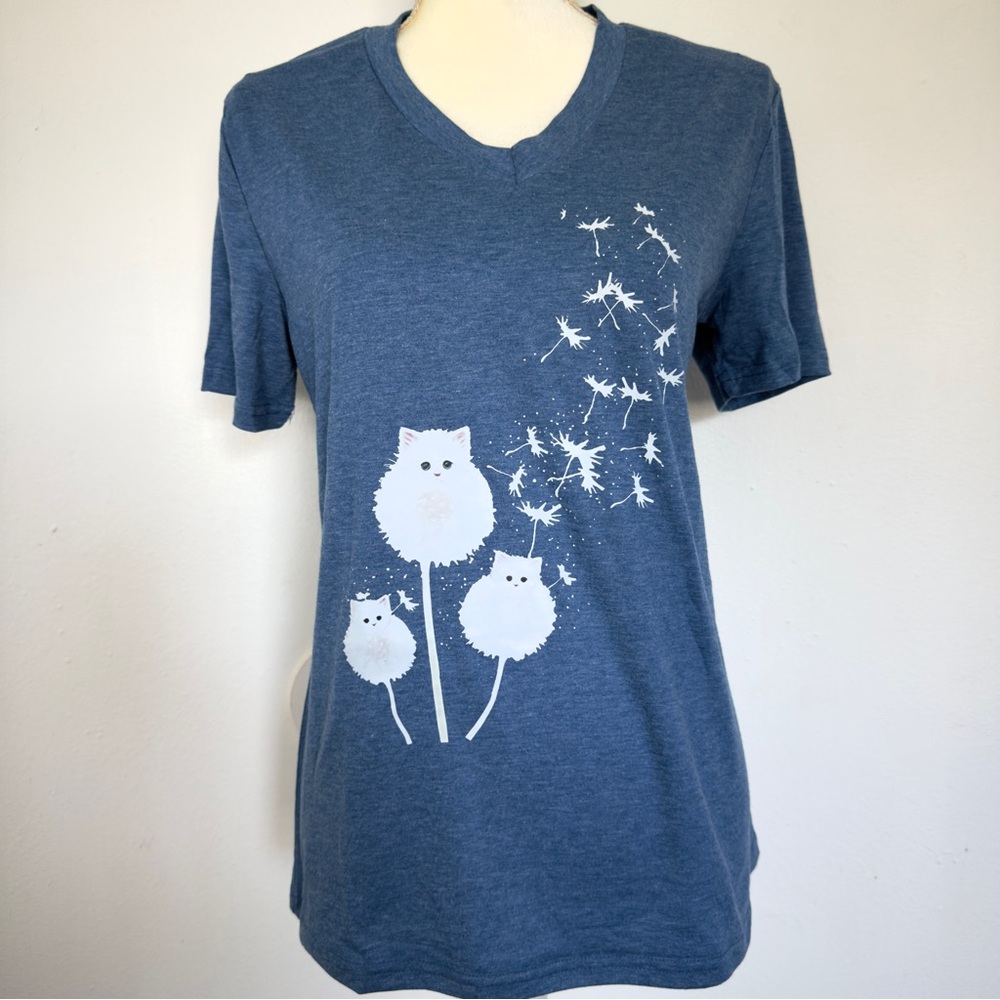 Cat & Dandelion Women’s Blue V-neck T-shirt Cotton Blend SMALL